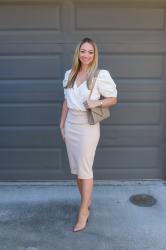 Transitional Style: Puff-Sleeve Bodysuit + Faux Suede Pencil Skirt