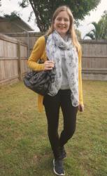 Colourful Cardigans With Monochrome Jeans and Tee Outfits, Scarves and Mimco Button Bag