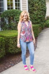 Pretty and Printed in a Pintucked Blouse and Skinny Jeans