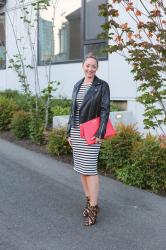 Transitional Style: Faux Leather Jacket + Striped Midi Dress