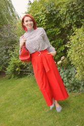 Black and White Spot Blouse With Red Culottes + Style With a Smile Link Up