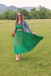 A maxi green dress & embroidered belt