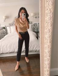 Drape neck top + slim straight jeans (petite friendly)