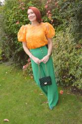 Orange Puff Sleeve Top and Green Trousers + Style With a Smile Link Up