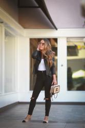 Faux Leather Moto Jacket, Chanel Vanity Bag + Cap Toe Mules