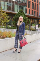 Holiday Outfit Idea: Navy Suede Pumps + Plaid Pants