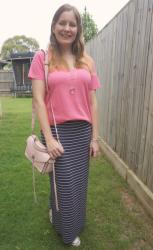 Blue Printed Maxi Skirts, Pink Bags and V-Neck Tees