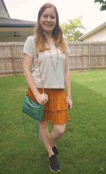 Orange Skirts and Foil Tees With Green Rebecca Minkoff CrossBody Bags