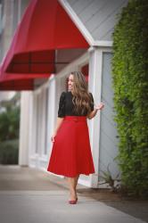 Classy Holiday Outfit: Red Pleated Midi Skirt + Sequin Puff Sleeve Top