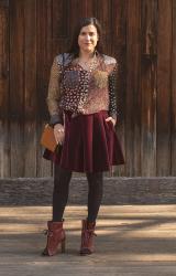 {outfit} This Saint Laurent Patchwork Blouse & Burgundy Velvet Skirt Were Made for Each Other