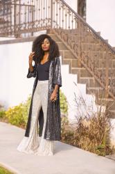 Sequin Duster + Sequin Flared Pants