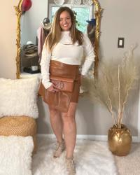 Faux leather wrap skirt styled