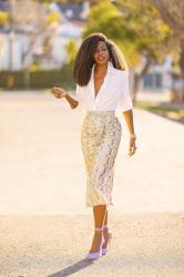 Boyfriend Shirt + Sequin Midi Skirt