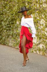 Off Shoulder Top + Ruffled Wrap Skirt