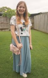 White Tees, Blue Maxi Skirts and Blush Pink Darren Bag