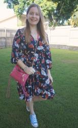 Weekday Wear Link Up: Navy Printed Dresses With Converse and Pink Mini 5-Zip Bag