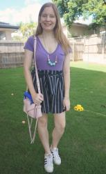 Lilac, Blush and Blue Outfits With Navy Stripes And Darren Bag