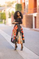 Off Shoulder Top + Floral Tea Length Skirt