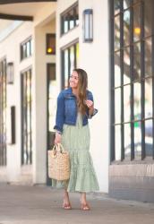 Petite Cropped Denim Jacket + Green Gingham Maxi Dress