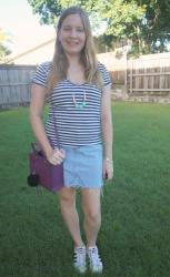 Striped Tees, Denim Skirts and Rebecca Minkoff Purple Mini MAB Tote Bag