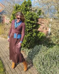 Denim blouse on silky skirt. Fancy Friday linkup.