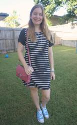 Striped Tee Dresses and Pink Crossbody Bag
