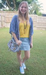 Yellow and Blue Kimono and Denim Outfits With Blue Bags : Weekday Wear Link Up