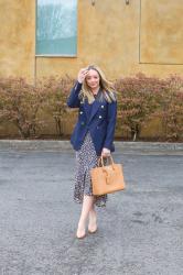 Spring Style: Leopard Satin Midi Skirt + Navy Double Breasted Blazer