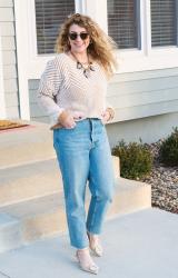 Tan and White Sweater + Nude Crystal Kitten Heels.