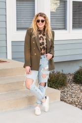 Olive Green Blazer, Leopard Turtleneck + Sneakers.