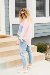 Color Block Pastel Button-up + White Loafers.