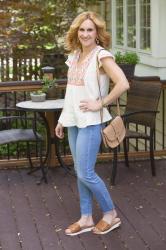 Embroidered Ruffle Sleeve Top with Skinny Jeans