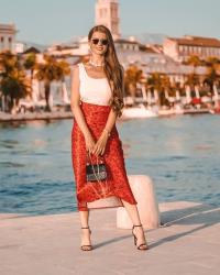 RED MIDI SKIRT