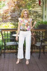 Floral Flutter Sleeve Top with White Jeans