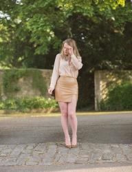 Camel Skirt & Silk Shirt