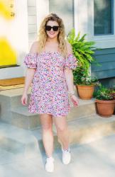 Off-the-Shoulder Pink Floral Dress + Nike Sneakers.