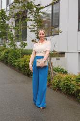 Summer Style: Sapphire Blue High Waisted Pleated Pants + Ruched Off-Shoulder Bodysuit