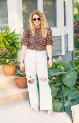 Smocked Floral Blouse + Wide-leg Jeans.