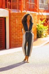 Plunging Bodysuit + Color Block Pants