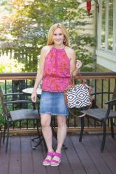 Pink Floral Halter Top with a Denim Skirt