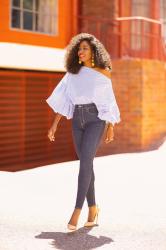 Stripe Billow Sleeve Top + High Waist Jeans