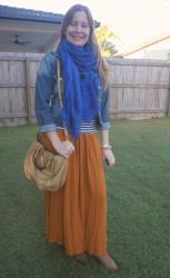 Maxi Skirts In Winter With Striped Tees, Scarves, Boots and Denim Jackets