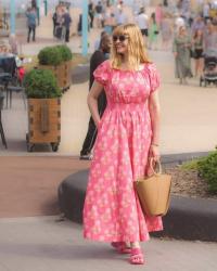 Outfit: Boden pink and yellow print scoop neck maxi dress