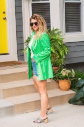 Green Satin Blazer + Denim Cutoffs.