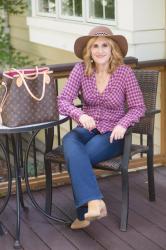 Pretty and Pink in a Plaid Button Down and Flared Jeans