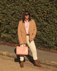  Pink Floral Shirt with Jeans & Statement Tan Boots.