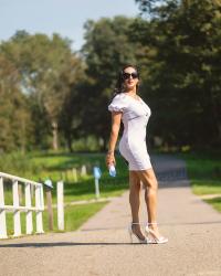 Pretending it's summer: white dress with white stiletto heeled sandals