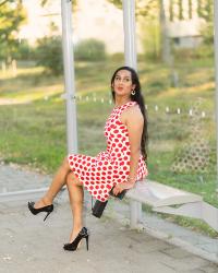Another summer throwback: cute red polkadots with black stiletto heeled peeptoe pumps