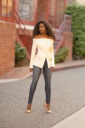 Off Shoulder Blazer + Skinny Jeans