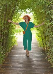 Green Jumpsuit With Orange Accessories + Style With a Smile Link Up